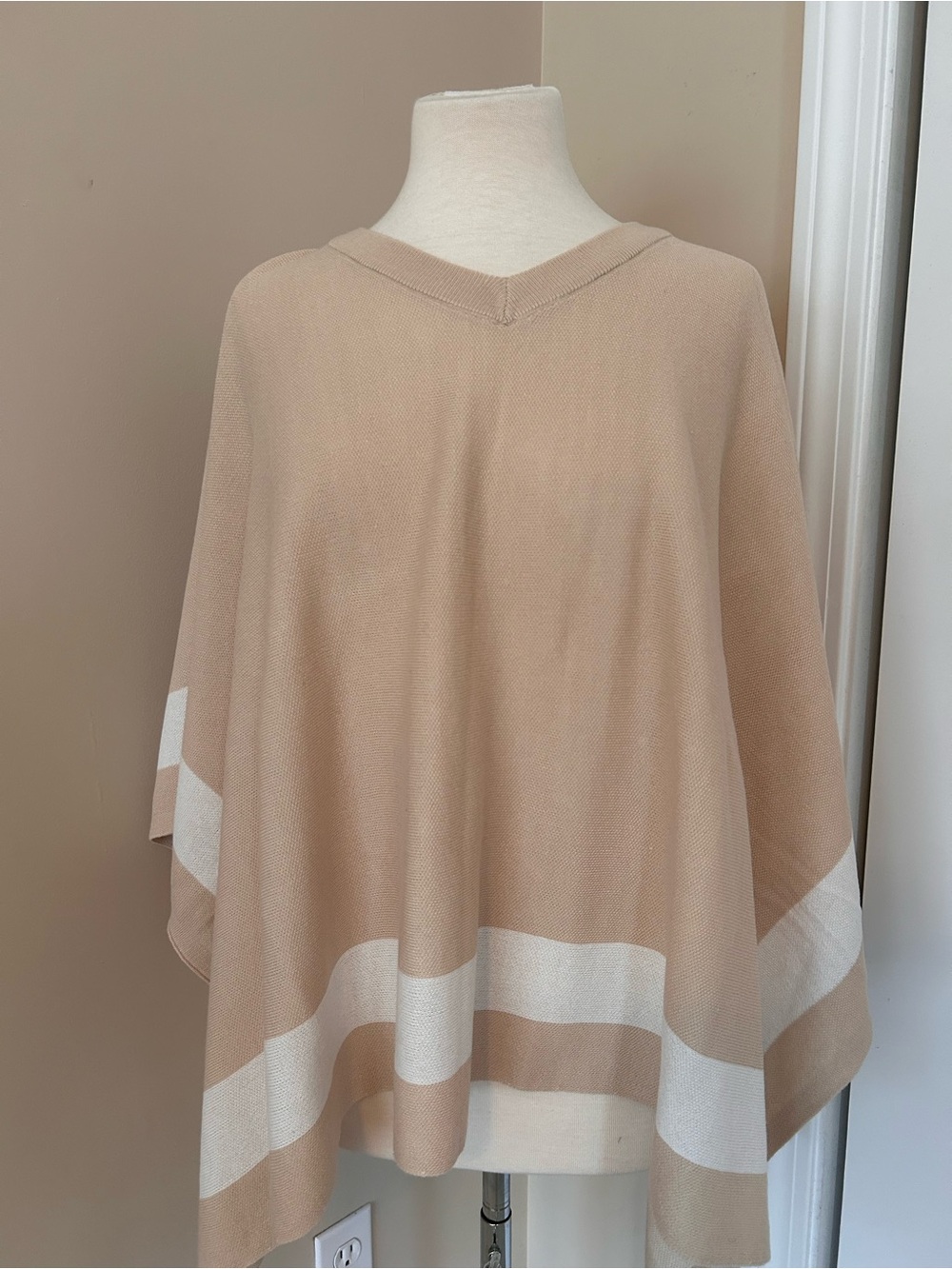 Ann Taylor Beige and White Striped V-Neck Poncho